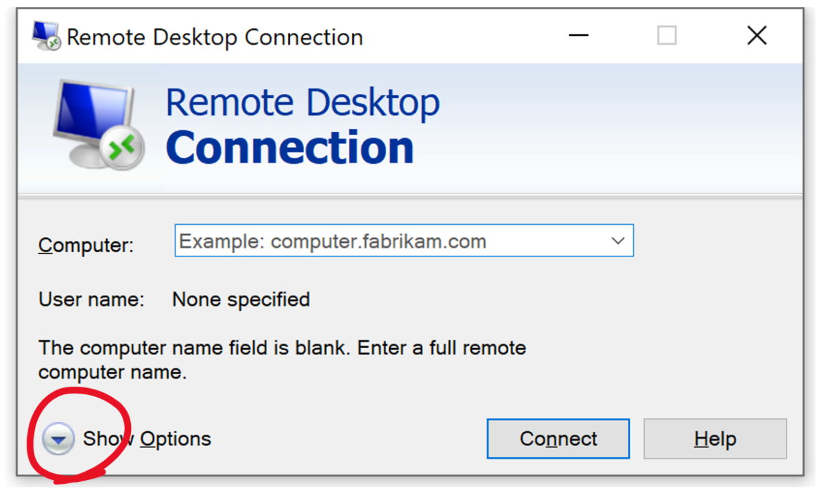 Remote Desktop Connection -- show options