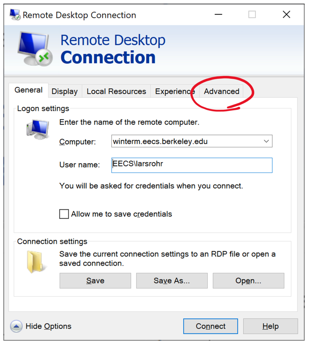 Remote Desktop Connection -- Advanced tab