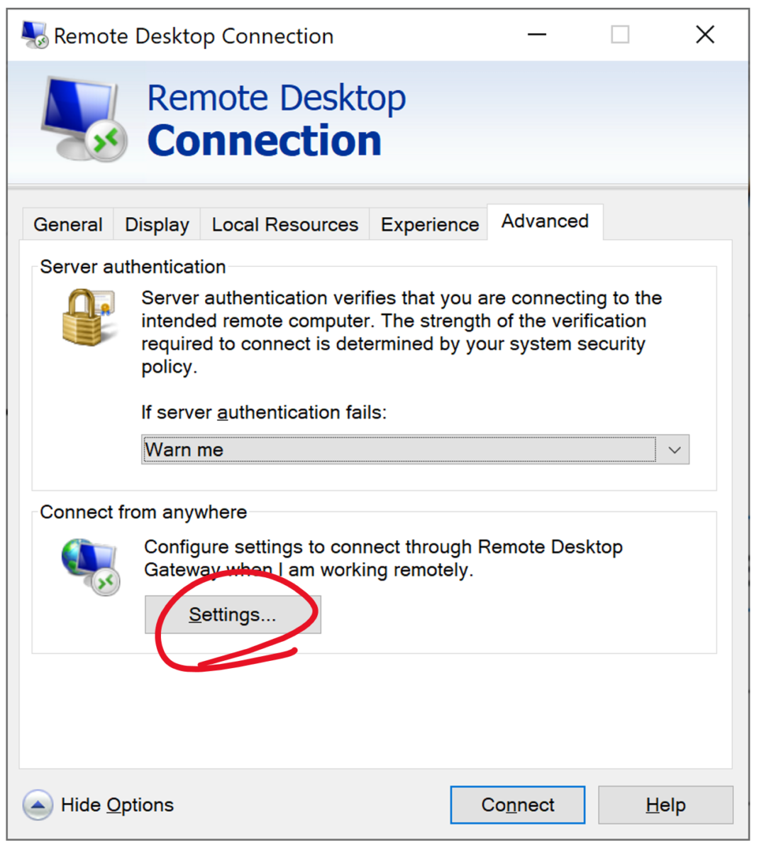 Remote Desktop Connection -- Advanced Settings button